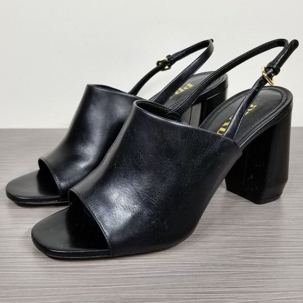 Prada Black Leather Open-Toe Slingback Block Heel Sandals